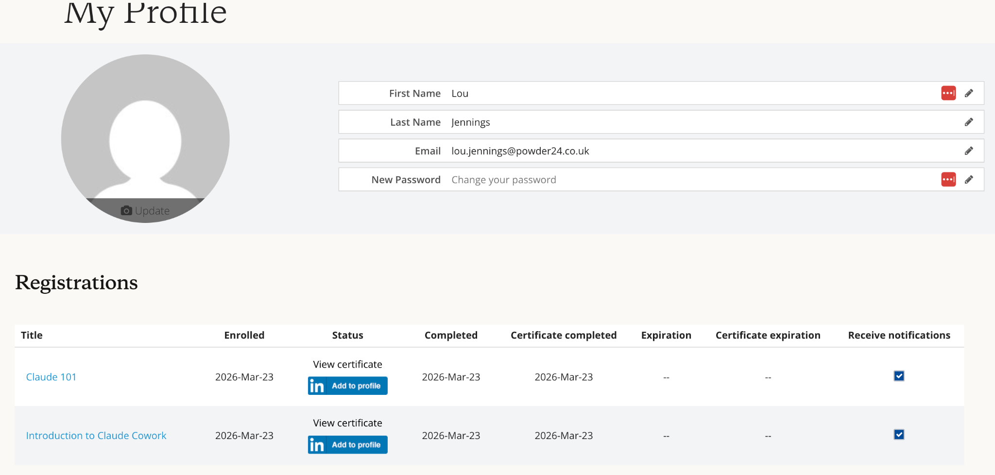 Example certificate on Anthropic Academy profile